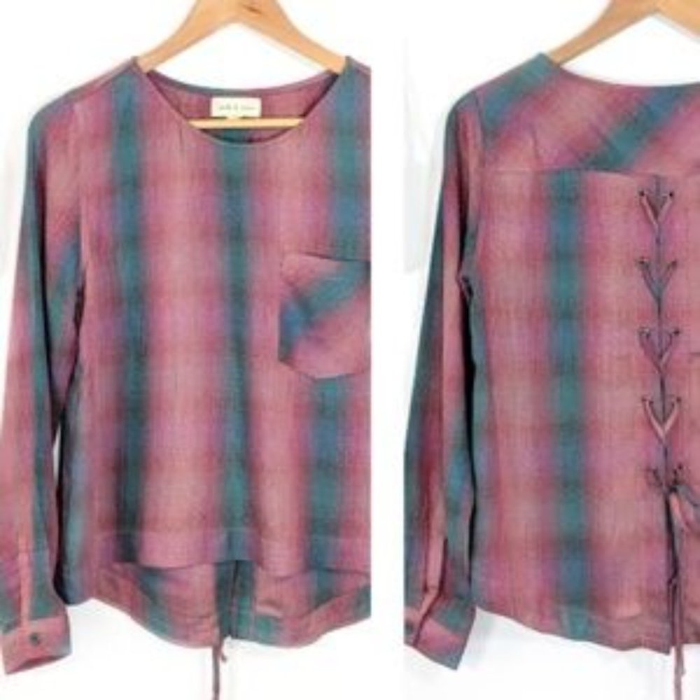 Anthropologie Cloth & Stone Plaid Lace Up Blouse Size S NEW